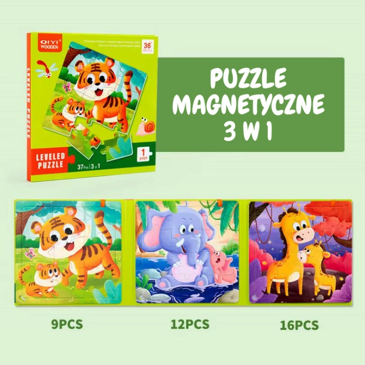 Puzzle magnetyczne - Poziom 1 - Tygrys, Słoń, Żyrafa