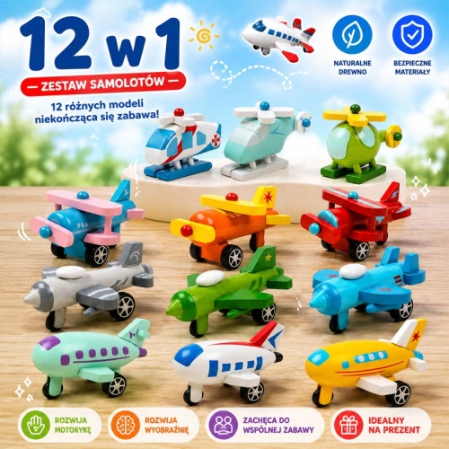 Samoloty drewniane - zestaw 12 szt