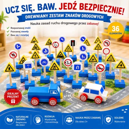 Znaki drogowe drewniane - zestaw 33 elementy