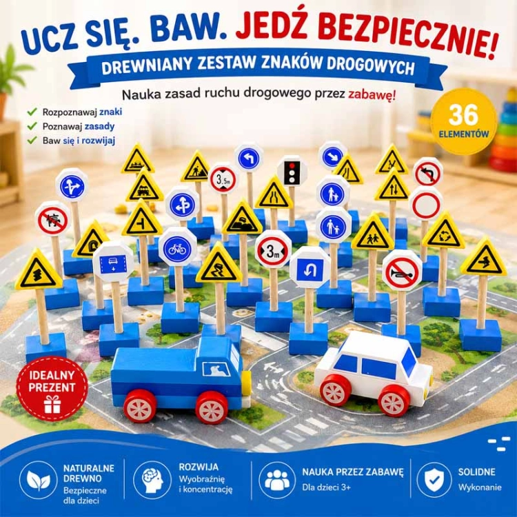Znaki drogowe drewniane - zestaw 33 elementy