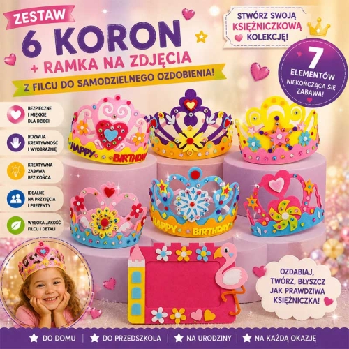 Świat księżniczek - korony filcowy zestaw DIY - 7 elementów