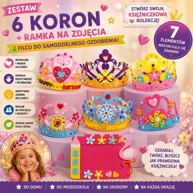 Świat księżniczek - korony filcowy zestaw DIY - 7 elementów