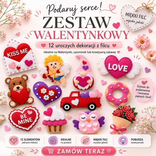Walentynki - filcowy zestaw do szycia DIY - 12 elementów