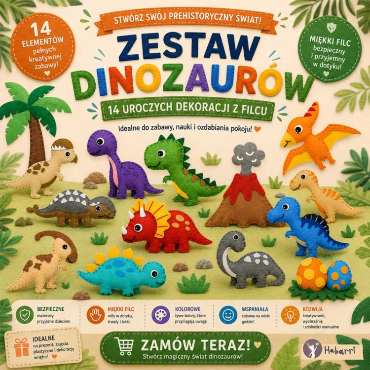 Dinozaury - filcowy zestaw do szycia DIY - 14 elementów