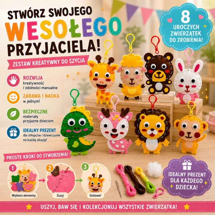 Zwierzęta - filcowy zestaw do szycia DIY zawieszki - 8 elementów