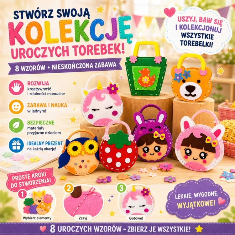 KOLOROWE TOREBKI - filcowy zestaw do szycia DIY - 6 elementów