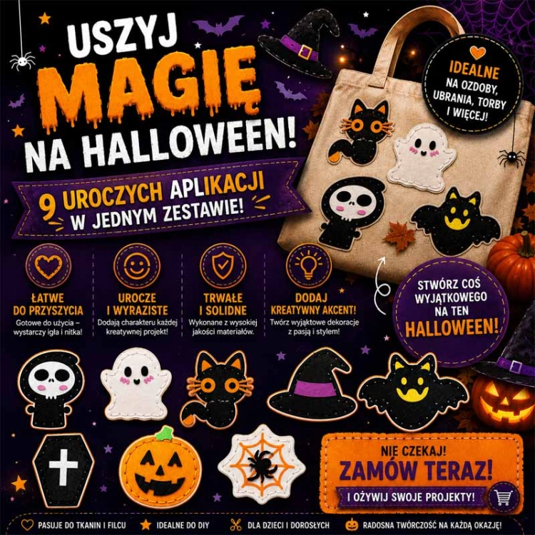 HALLOWEEN - filcowy zestaw do szycia DIY zawieszki - 8 elementów