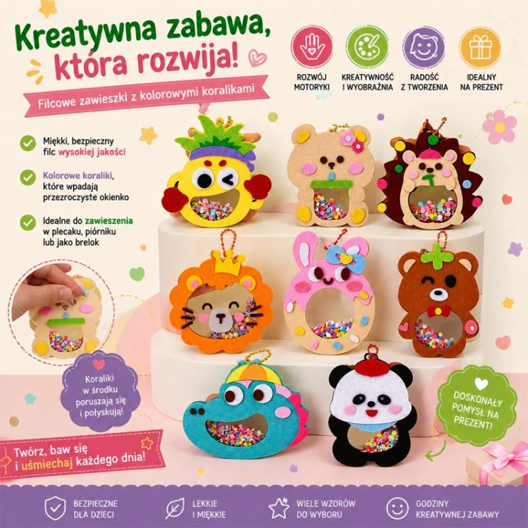 ZWIERZĘTA - filcowy zestaw do szycia DIY GRZECHOTKI - 8 elementów