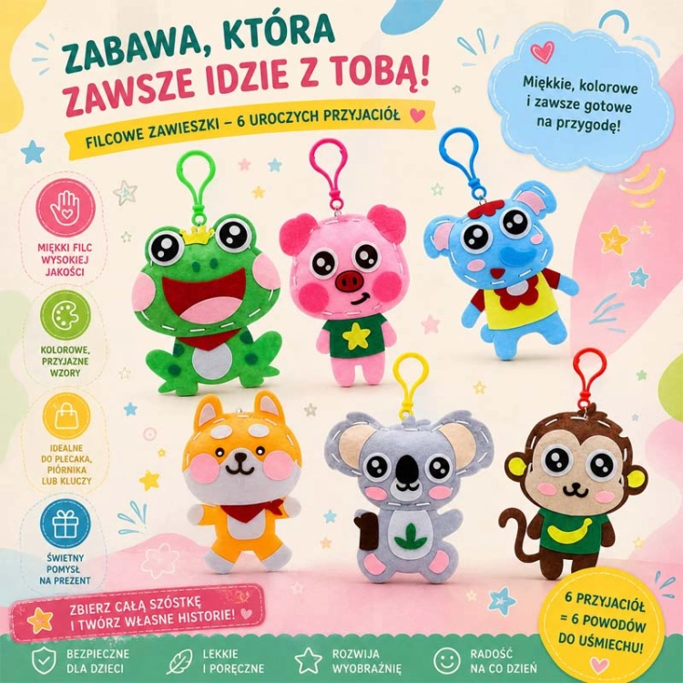 ZWIERZĘTA - filcowy zestaw do szycia DIY zawieszki - 6 elementów