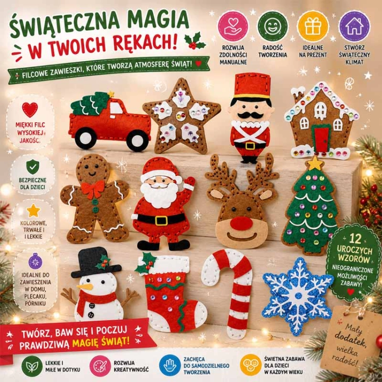 Boże Narodzenie - filcowy zestaw do szycia DIY - 12 elementów