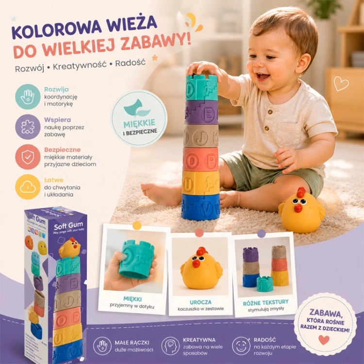 Wieża sensoryczna ze świnką - miękkie klocki