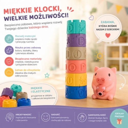 Wieża sensoryczna ze świnką - miękkie klocki
