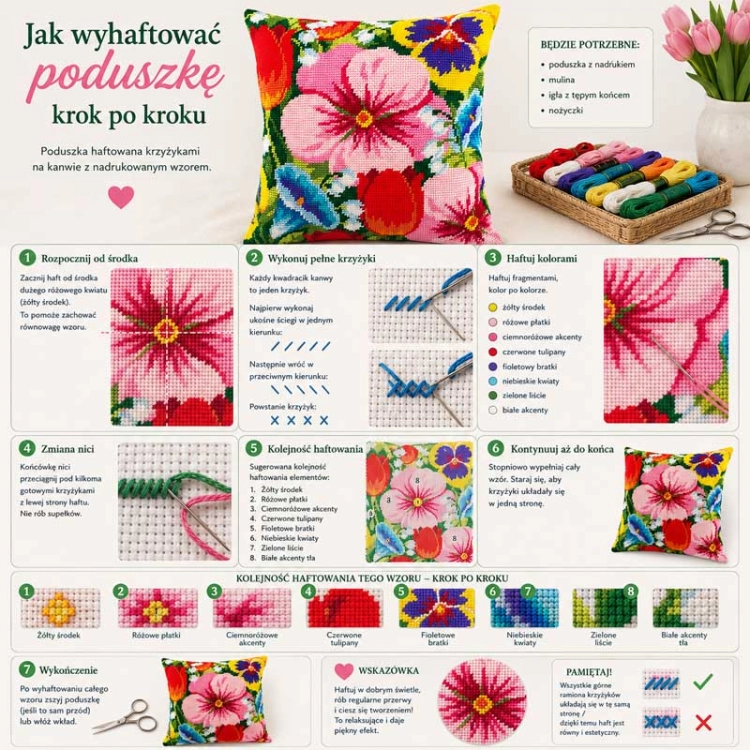 Haft krzyżykowy - Poduszka Bratki