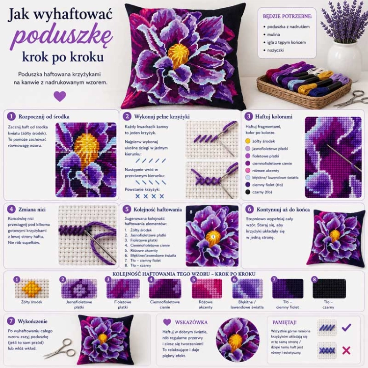 Haft krzyżykowy - Poduszka Dalia
