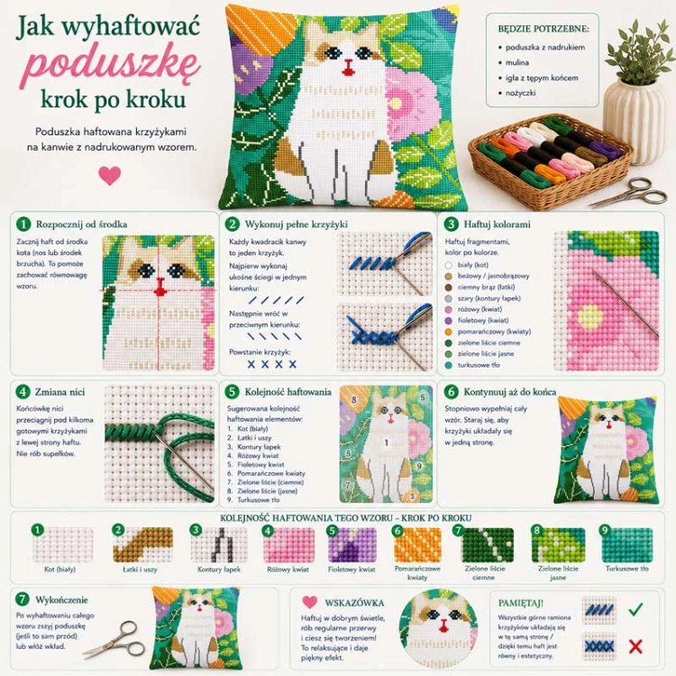 Haft krzyżykowy - Poduszka Kot