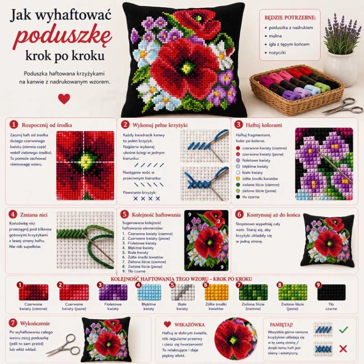 Haft krzyżykowy - Poduszka Maki