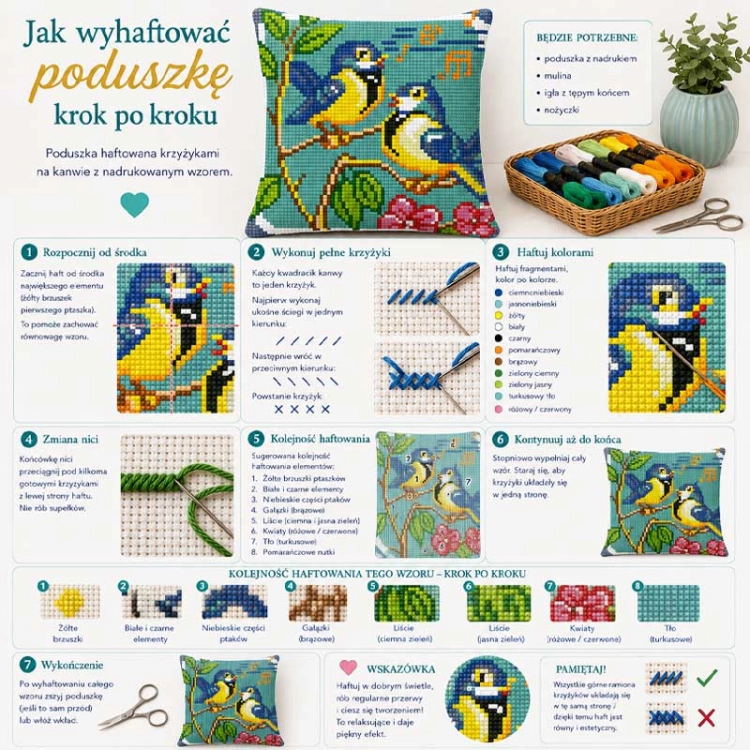 Haft krzyżykowy - Poduszka do haftowania - Ptaki