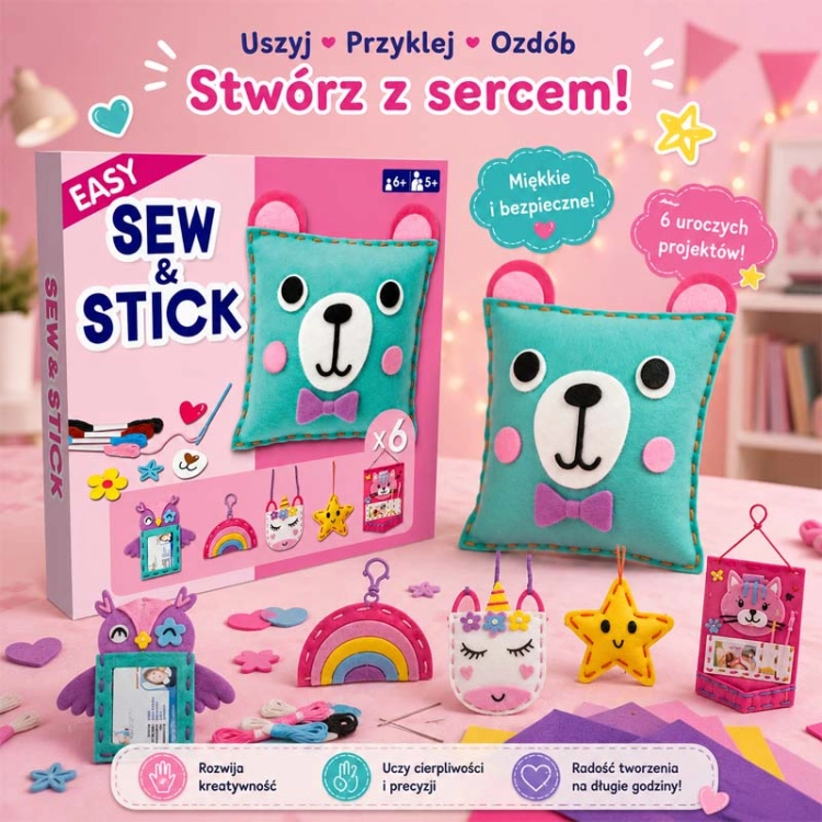 Poduszka Miś i akcesoria - filcowy zestaw do szycia DIY - 6 elementów