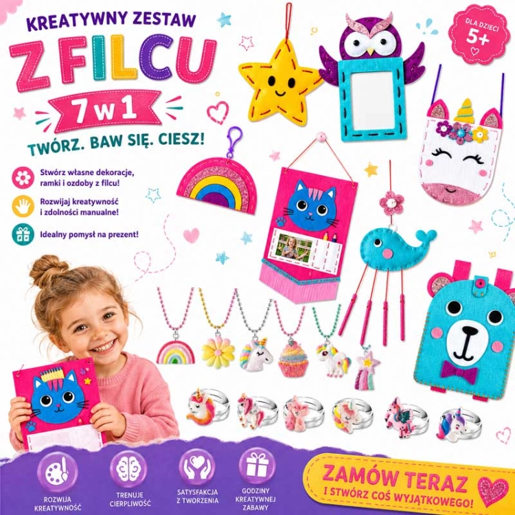Kolorowe zawieszki, naszyjniki, pierścionki - filcowy zestaw do szycia DIY - 19 elementów
