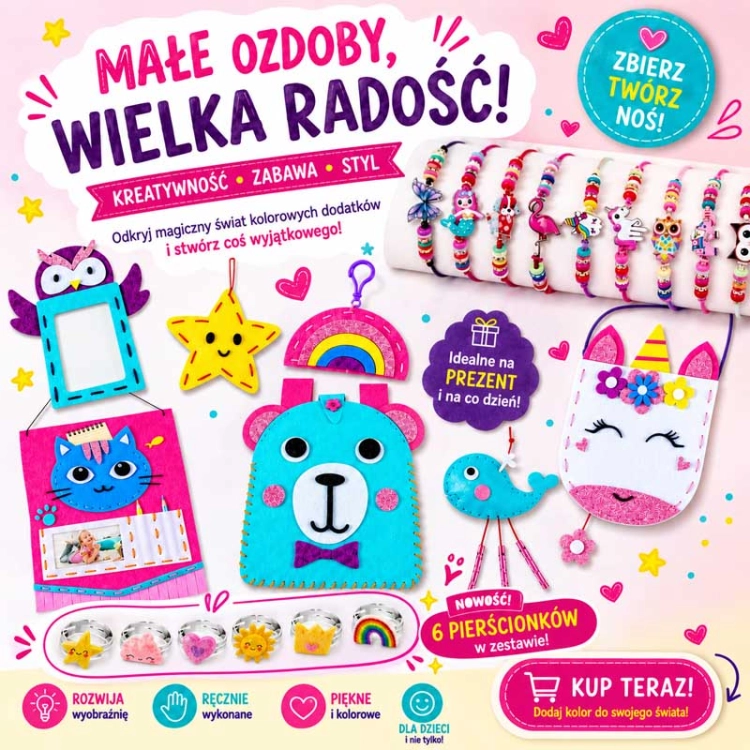 Kolorowe zawieszki, bransoletki, pierścionki - filcowy zestaw do szycia DIY - 25 elementów