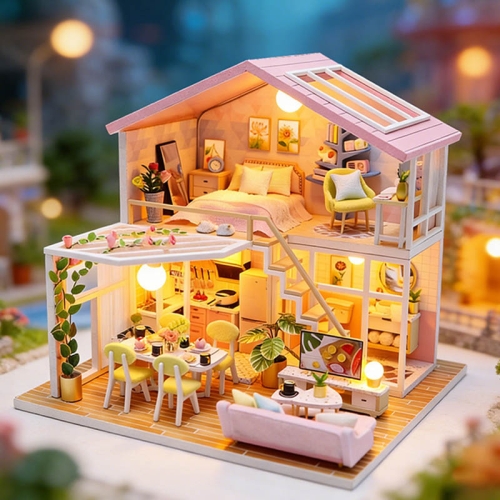 Miniaturowy domek - Śniadanie pod pergolą