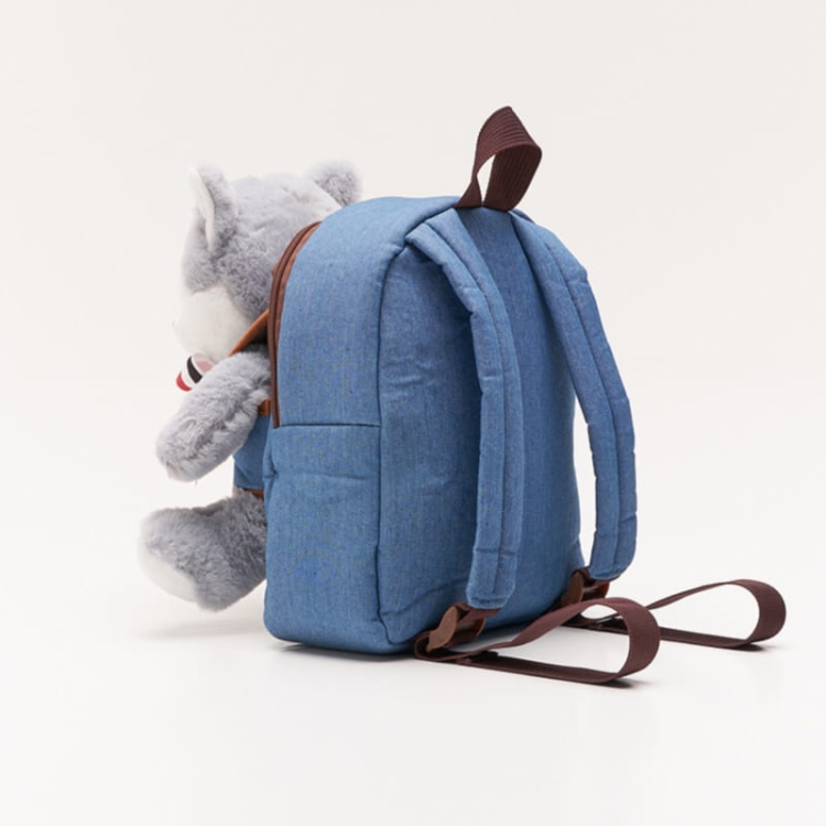 Jeans'owy plecaczek z odpinanym szarym wilczkiem „Wolf puppy”
